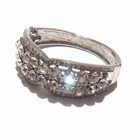 Hinged Silver Tone Clear Rhinestone Ornate Bangle Bracelet - Picture 3 of 5